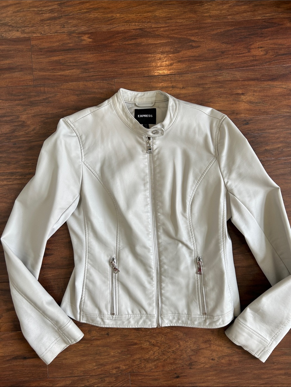 Express Light Gray  Faux Leather Bomber Jacket with Silver Hardware